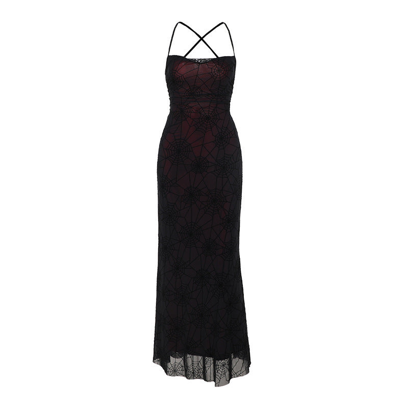 Dark Sensual Spiderweb Backless Dress With A Halter Neckline