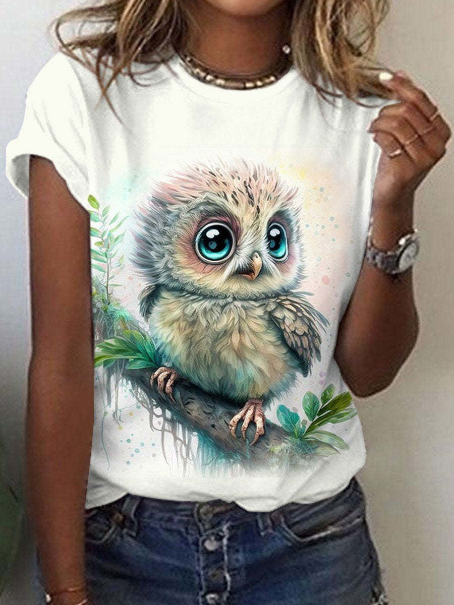 Cute Owl Pattern 3D Printed Round Neck Short Sleeve