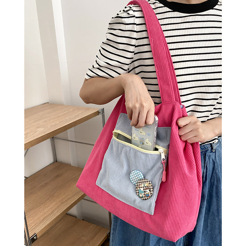 Corduroy Contrast Color Large Capacity Casual Shoulder Bag