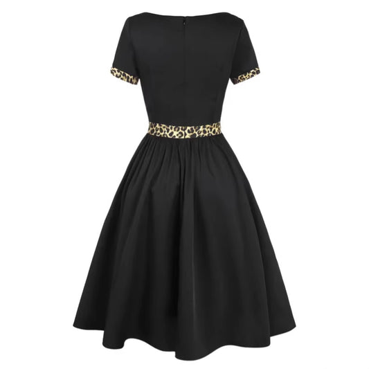 Womens Spring New Leopard-Print Crew-Neck Short-Sleeve Dress