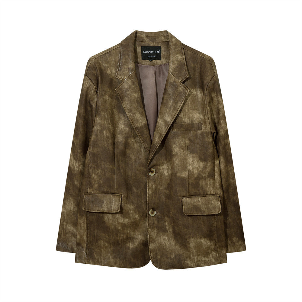 Men's Autumn Tie-dye Contrast Color Suit Collar PU Leather Jacket Coat