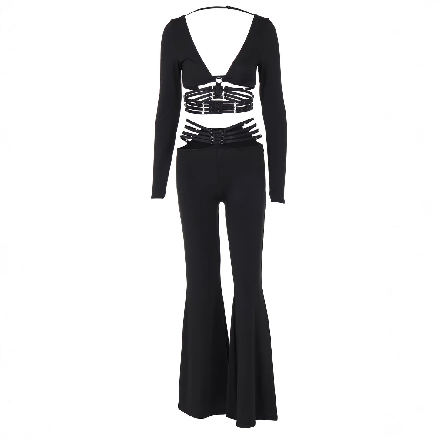 Fashionable V-neck Long-sleeve Top And Slim-fit Wide-leg Pants Set With Tie Details