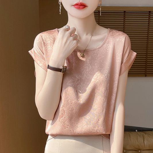 Crew-neck Cropped Elegant Dark-print Plus-size Short-sleeve T-shirt