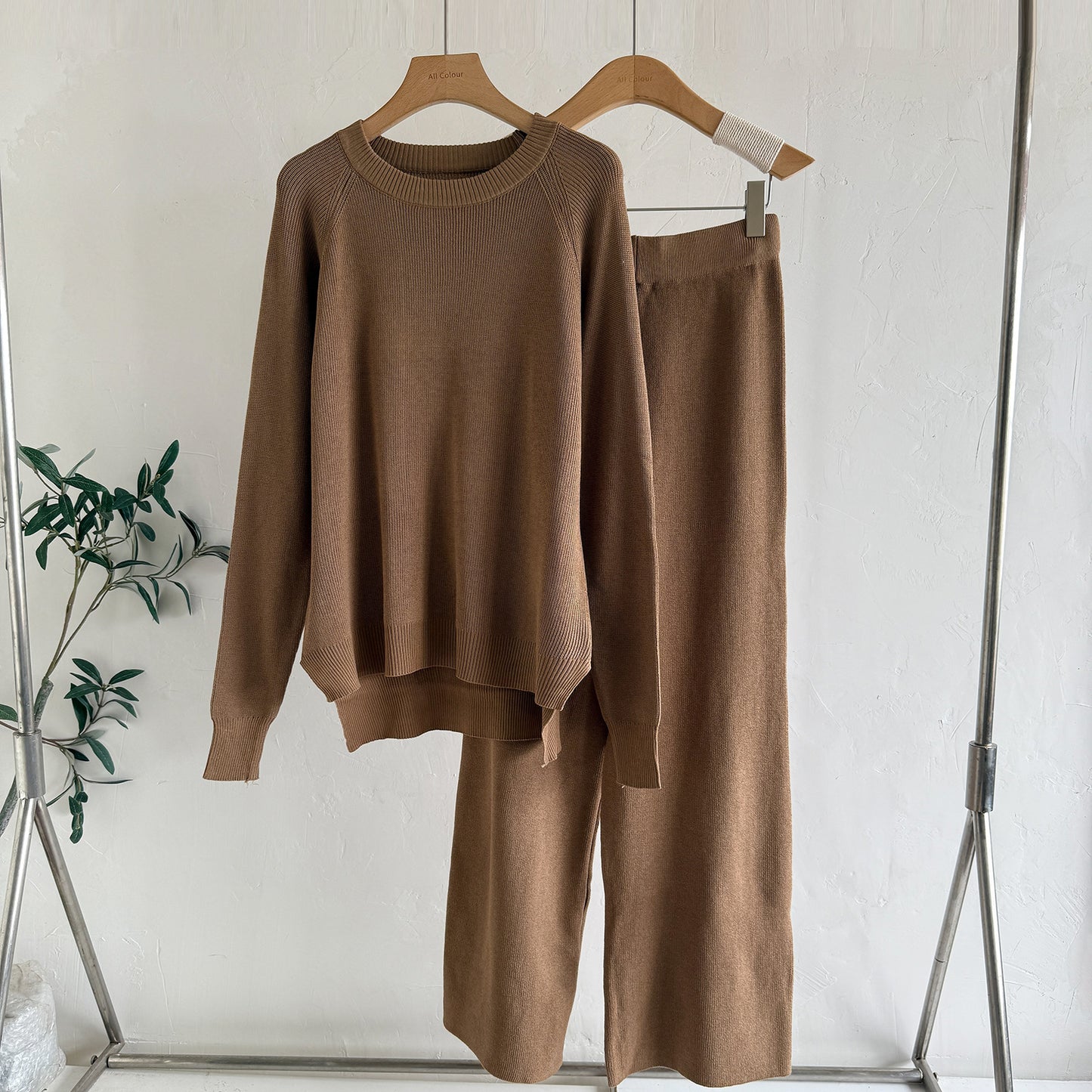 Women's Loose Knitted Long-Sleeve Crew-Neck Fashionable Wide-Leg Pants Two-Piece Set