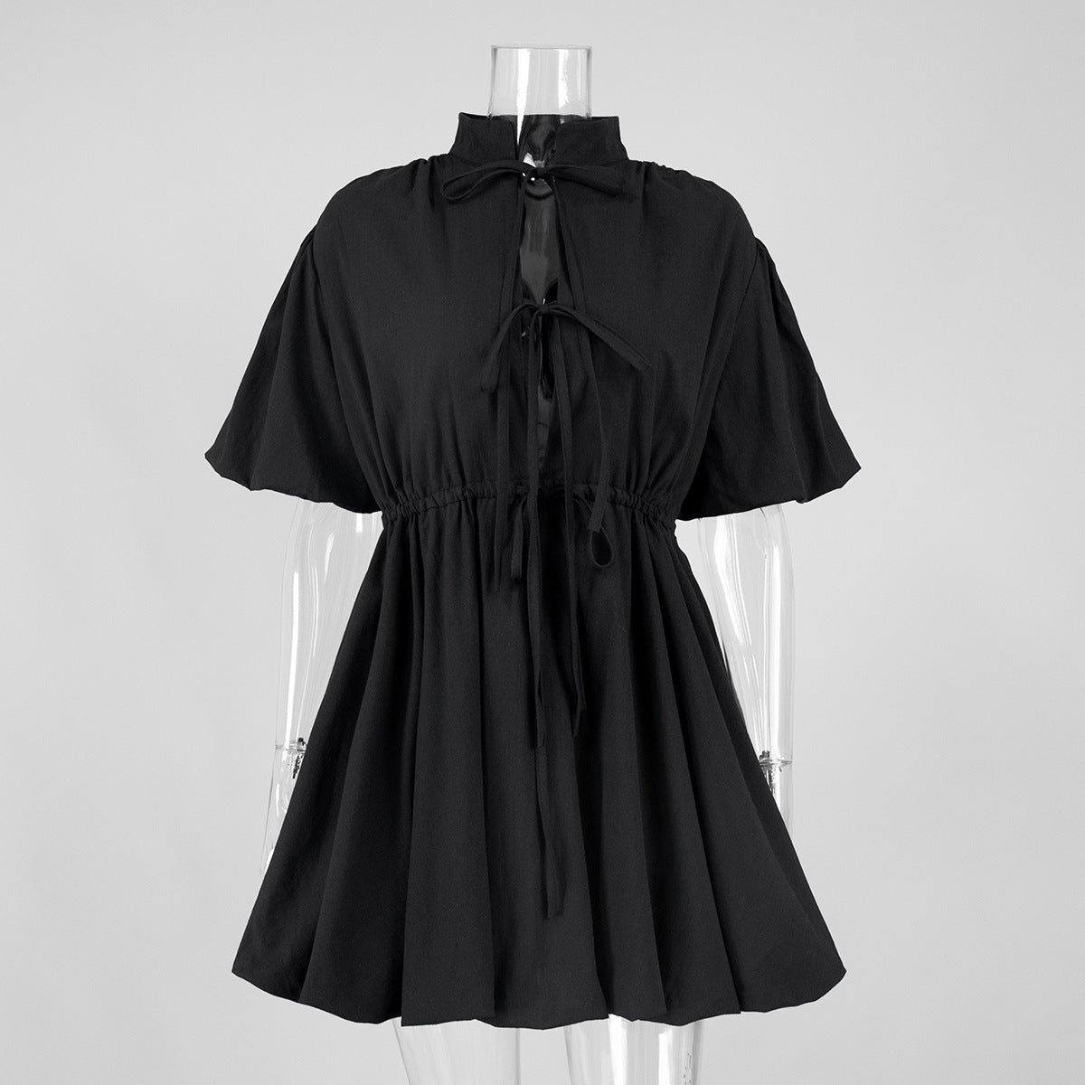 Stand-collar Sweet Lace-up Pleated Waist-cinched A-line Dress