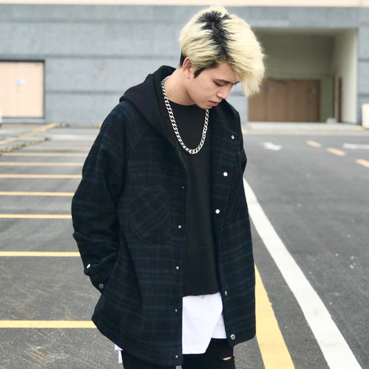 Color Matching Stitching Plaid Hooded Loose Cardigan Jacket European And American Style Hoodie