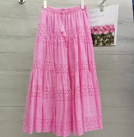 High Waist Stitching Crocheted Fairy Large Swing A- Line Mid-length