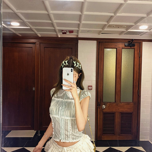Polka Dot Lace Stitching Shirt For Women Sweet Doll Collar Slim-fit Crop-top