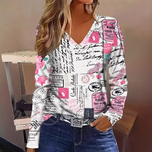 New Stylish Casual Geometric V-Neck Long-Sleeve T-Shirt