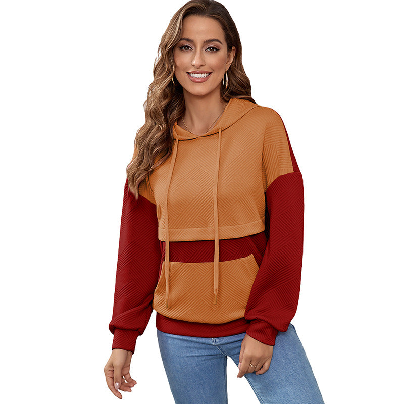 Vinter hættetrøje til kvinder med kontrastfarver og patchwork, løs pasform, pullover-top