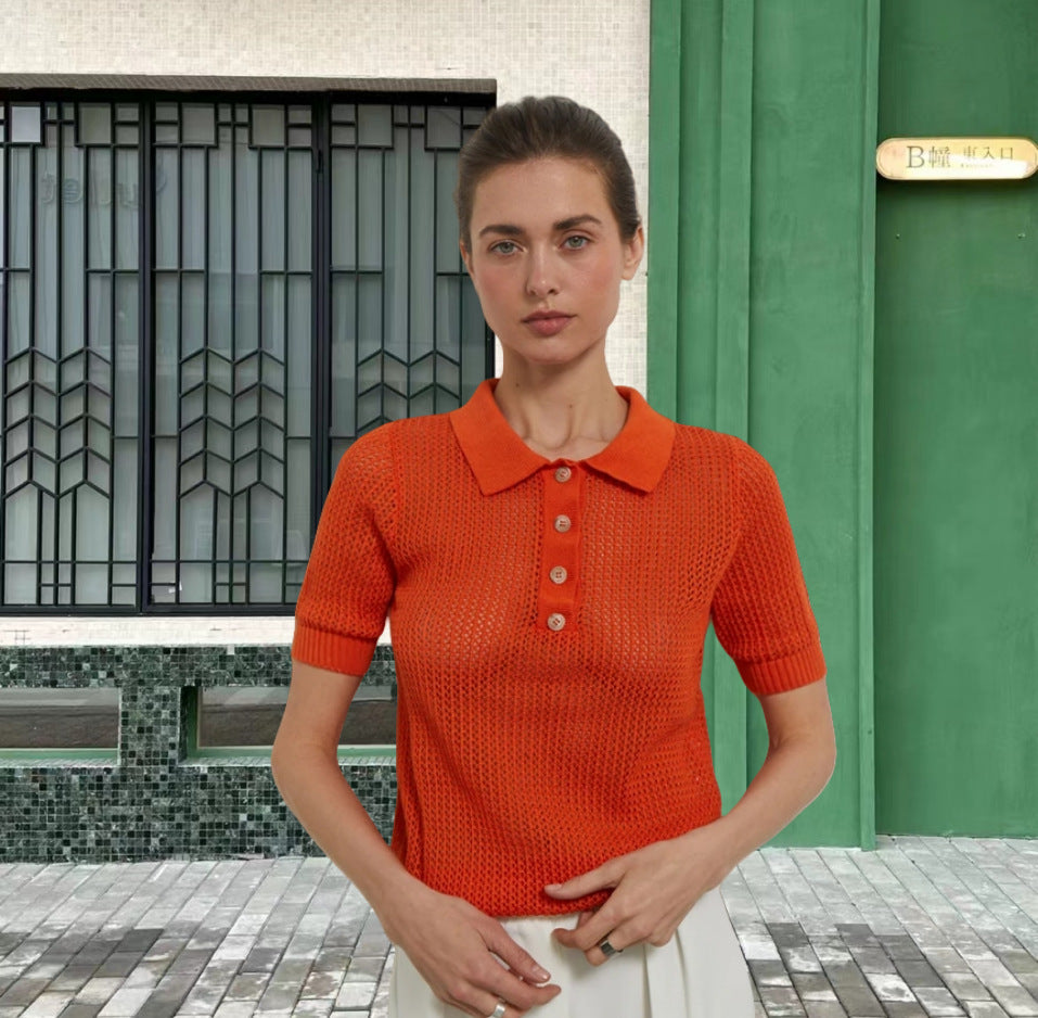 European And American Short Sleeve Lapel Hollow See-through Knitwear Solid Color And V-neck