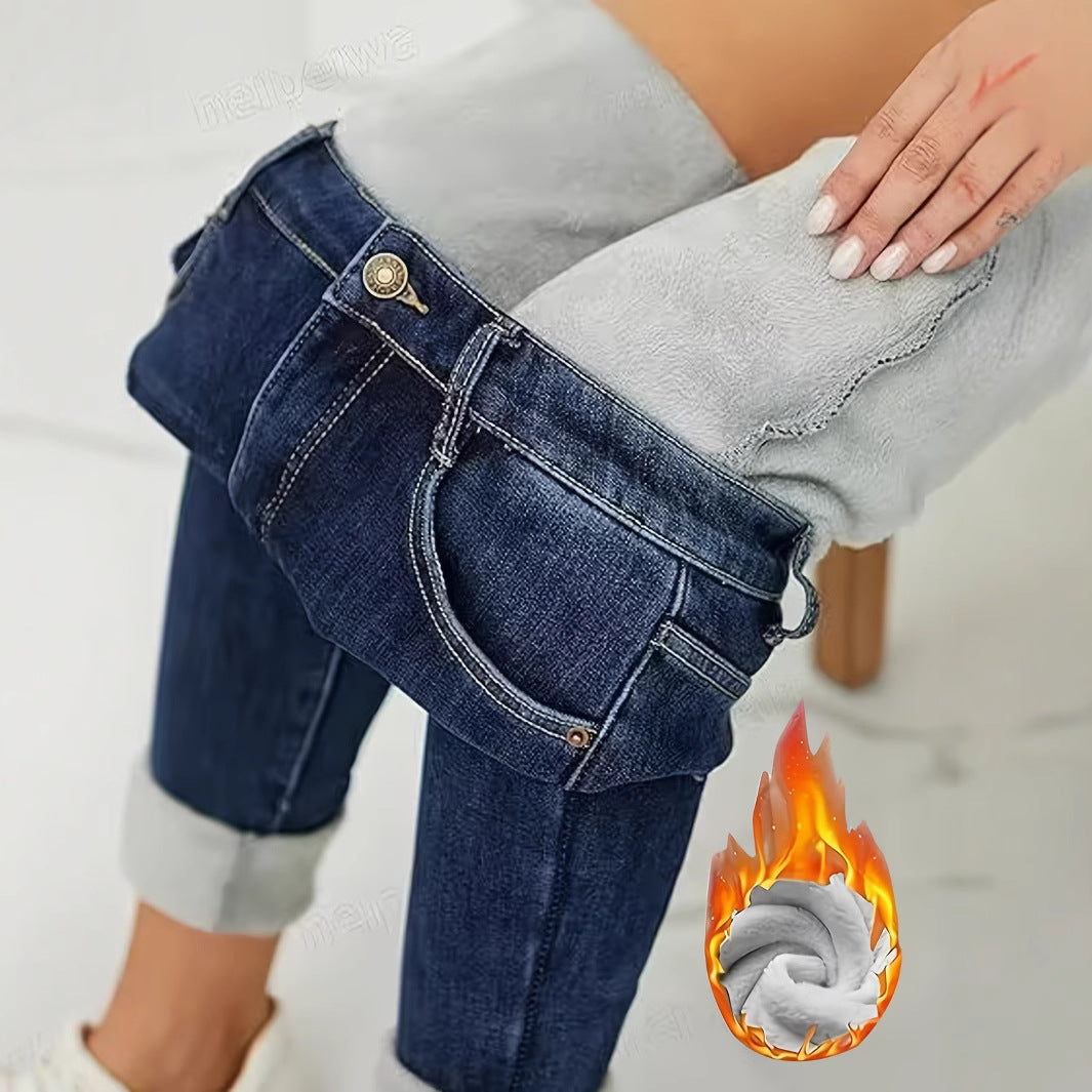 Women's Front Button Simple Velvet Slim Fit Skinny Jeans Daily Casual