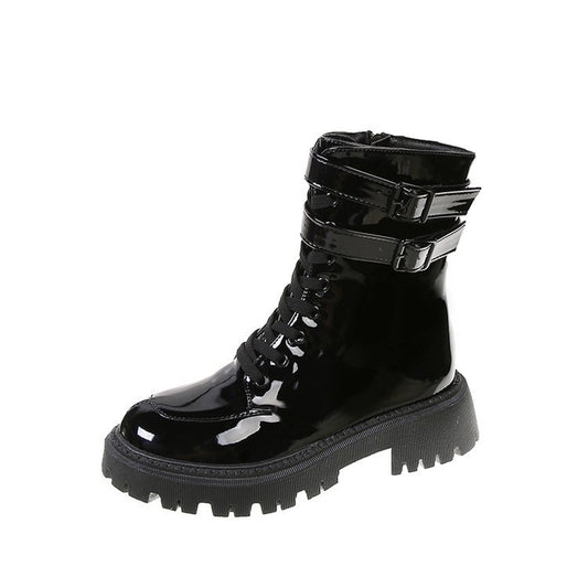 Women's Patent Leather Mid-tube Boots With Increased Heels