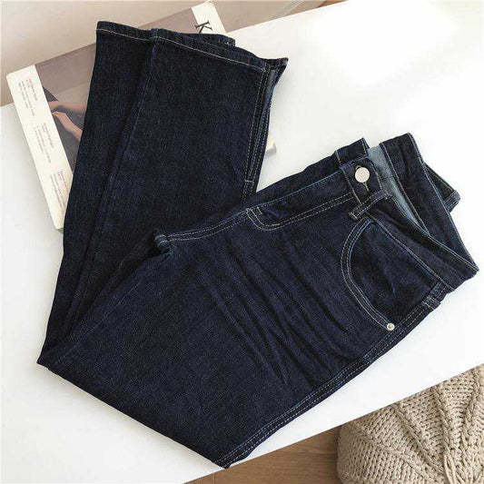 Dame højtaljede jeans i koreansk stil, store størrelser, slanke nine-point bukser med lige ben