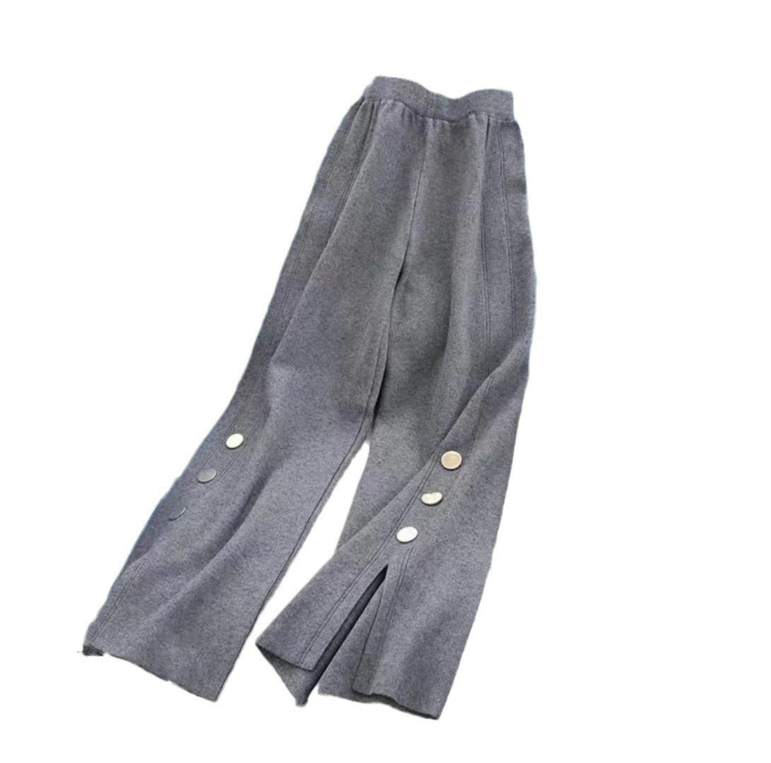 High Waist Design Sense Bootcut Pants Loose Slimming And Wide Leg Slit Knitted Women's Casual Trousers