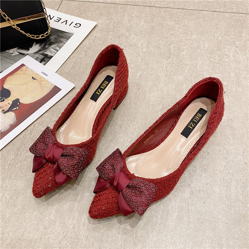 Woven Shoes Casual Mid-low-heeled Shallow Pointy Soft Sole