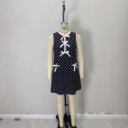 Minimalist Round-neck Loose-fitting Sleeveless Polka-dot Dress