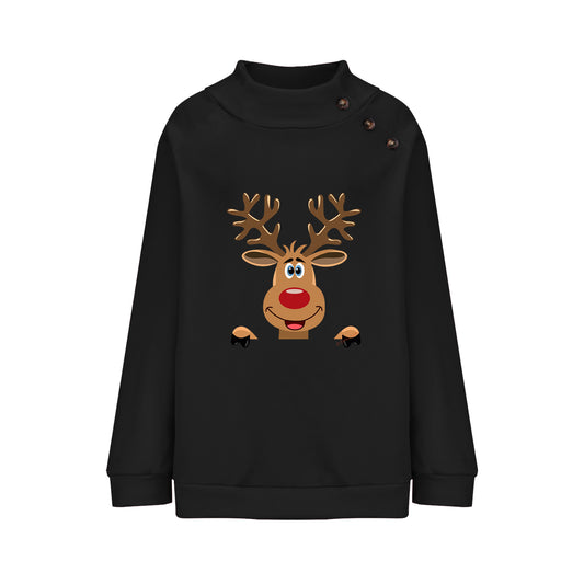 Deer Cartoon Turtleneck Buttons Loose Long Sleeve Sweatershirt Female