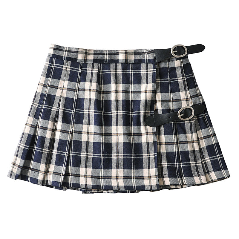Retro Plaid Pleated Skirt Belt Buckle Learning Skirt