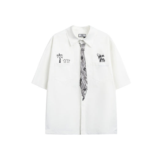 Japanese Fashion Brand Funnny And Creative Hand-painted Tie Design Men And Women Loose Shirt