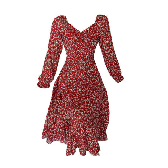 Women's Retro Casual V-Neck Floral Print Long-Sleeve Dress