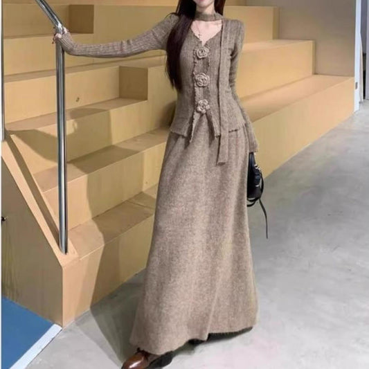 3D Flower V-neck Ribbon Long-sleeved Knitwear High-waisted Slim-fit Set