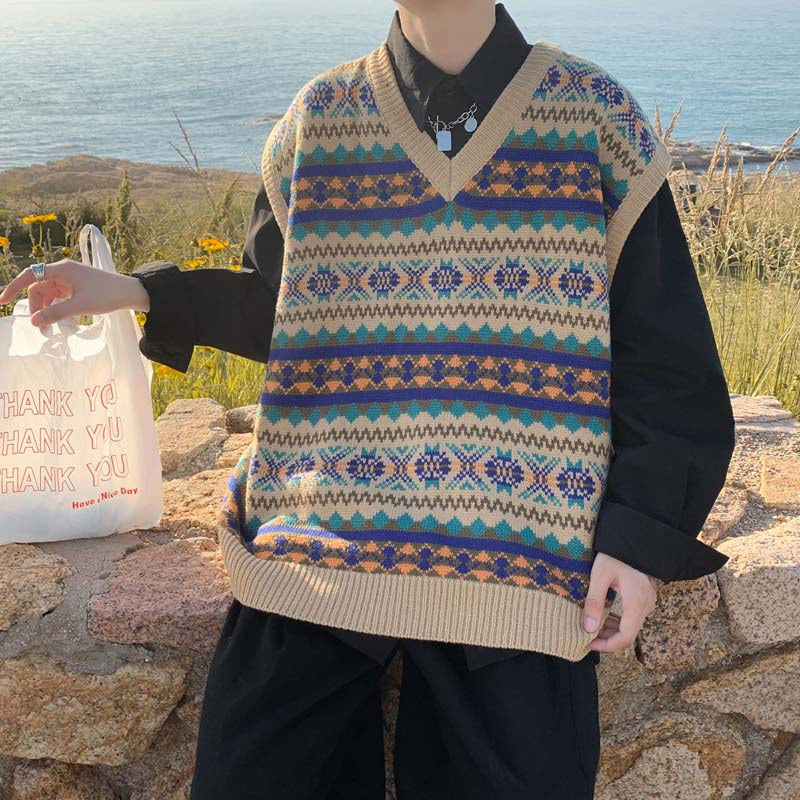 Forår og efterår Japansk Retro Strikket Vest Herre V-hals Sweater
