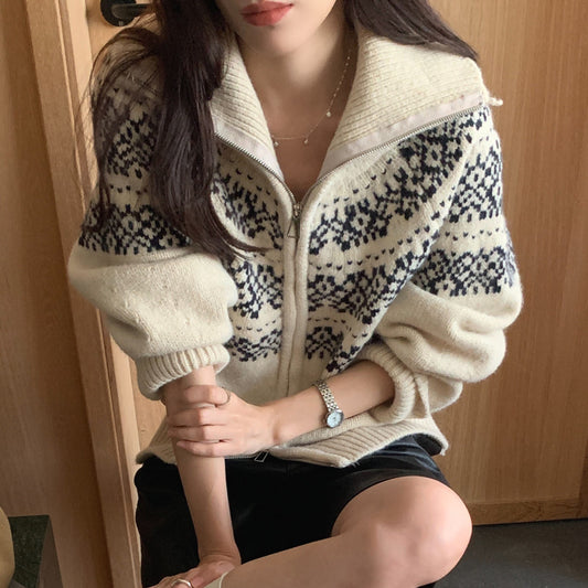 Jacquard Weave Zip Knitted Cardigan Sweater Coat For Women