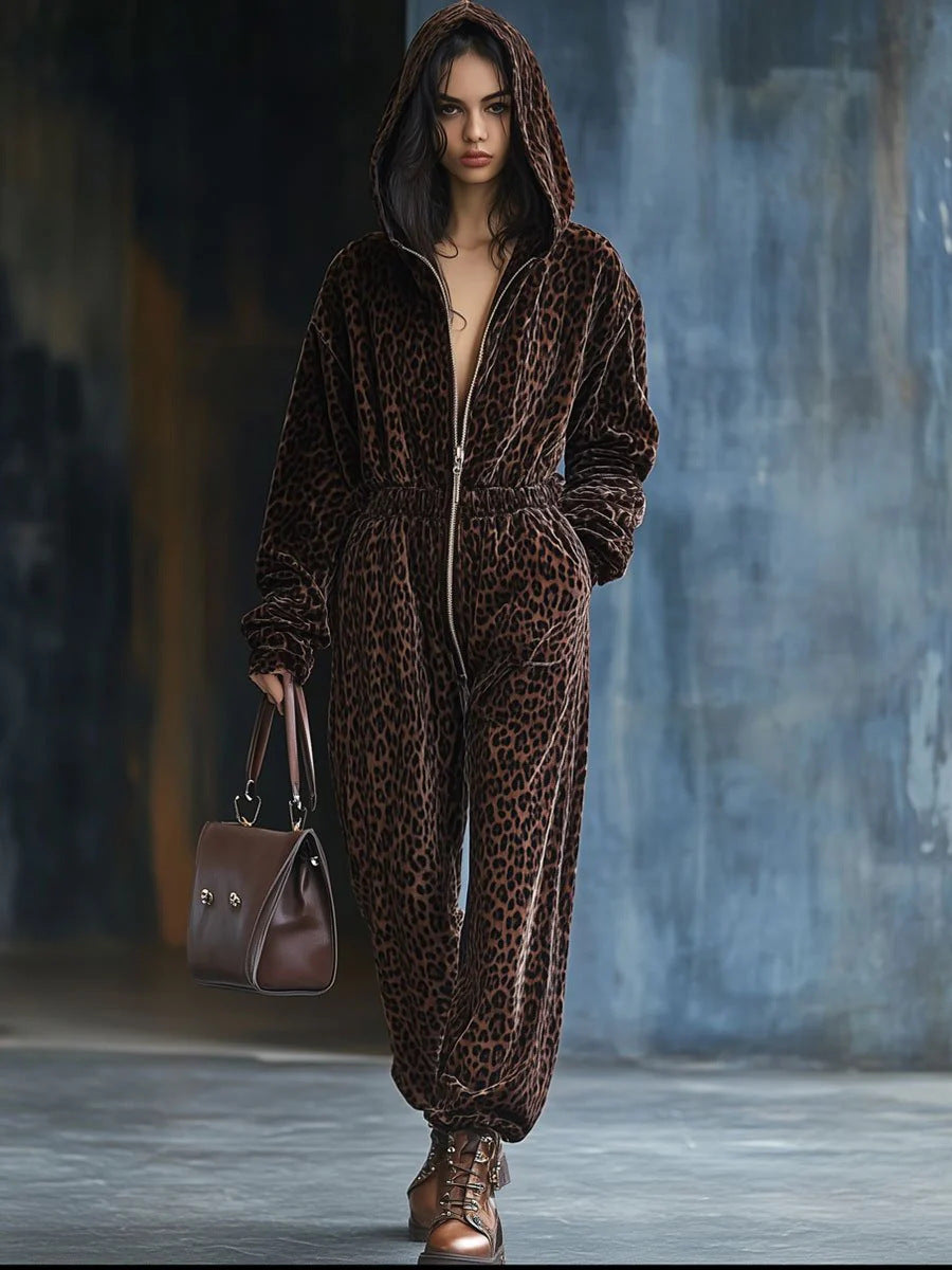 Womens Hooded Long-sleeve Leopard-print Jumpsuit With Long Pants