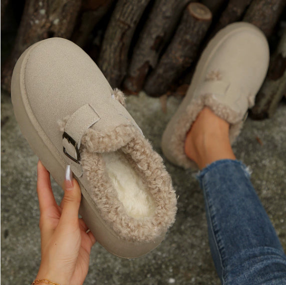 Platform Fluffy Shoes Round Head Warm With Velvet Casual Cotton-padded Shoes