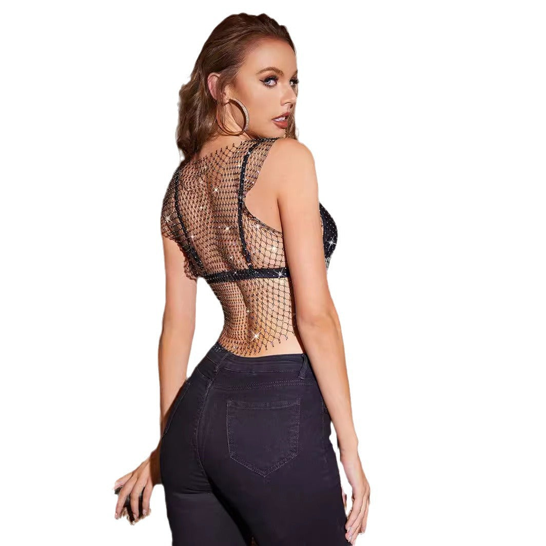 Net Drill Rhinestone Women's Clothing Short Sleeve Vest
