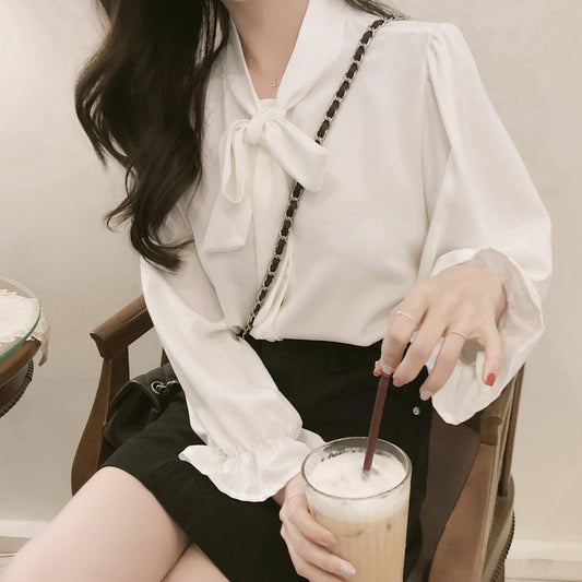New Hong Kong Style Retro Bow-neck Loose-fit Chiffon Long-sleeve Top