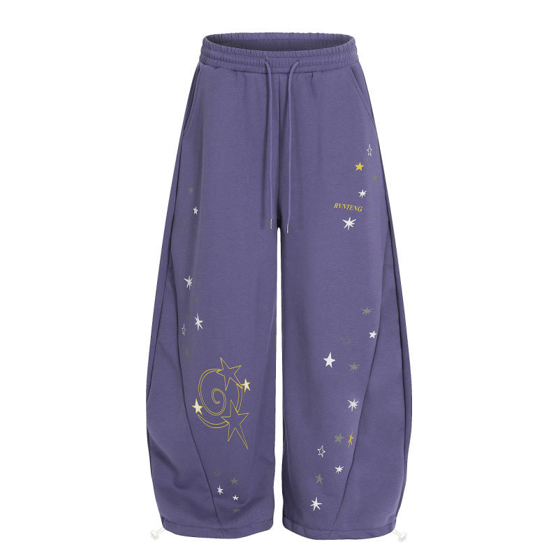 Womens Retro Star Drawstring Wide-Leg Sweatpants