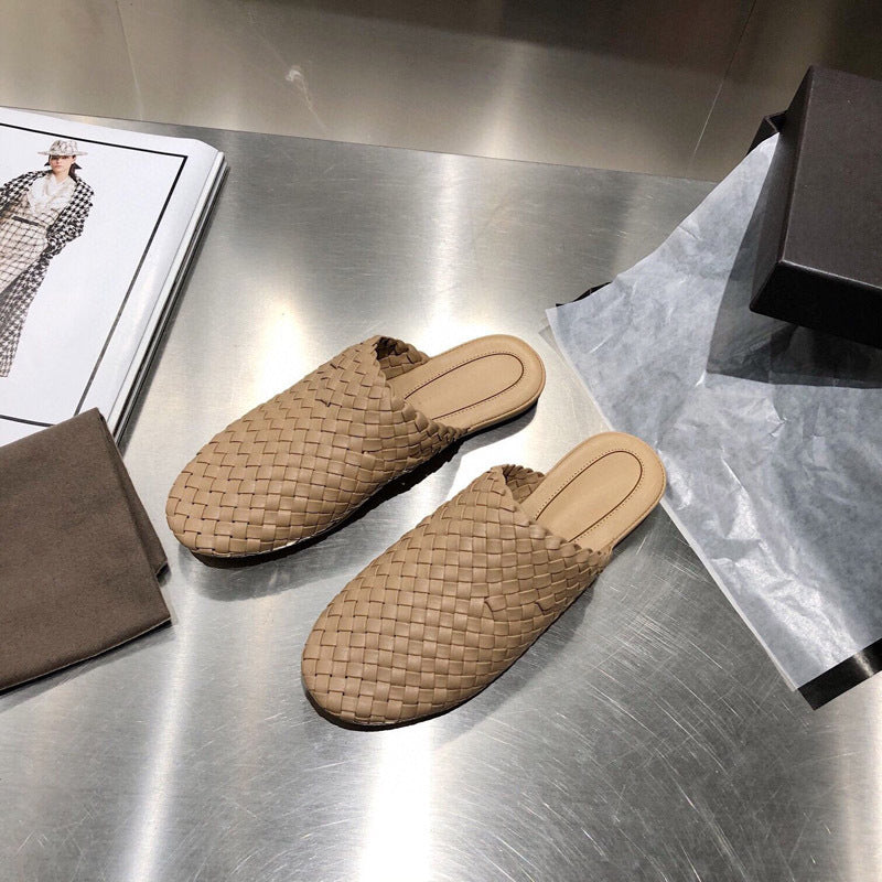 Round Head Sheepskin Woven Toe Half Slippers