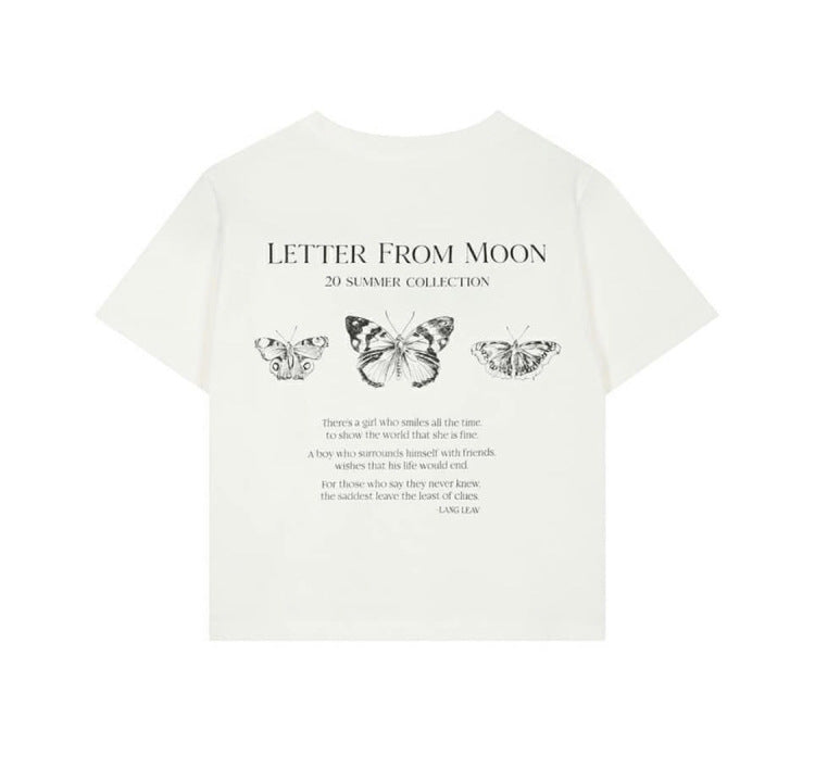 Butterfly Print Crew Neck T-Shirt Letter Cropped Casual Top