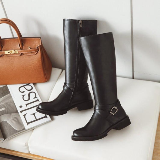 Womens Boots Shoes Flat Knee High Pu Leather Buckle Riding Calf