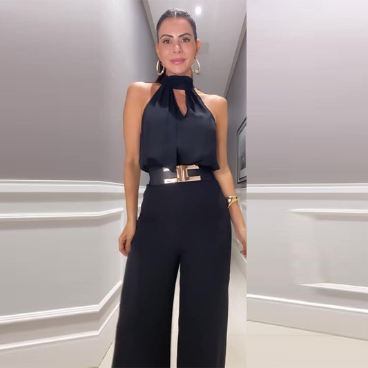 Cutout Crew-neck Sleeveless Top And Wide-leg Pants Chic Set