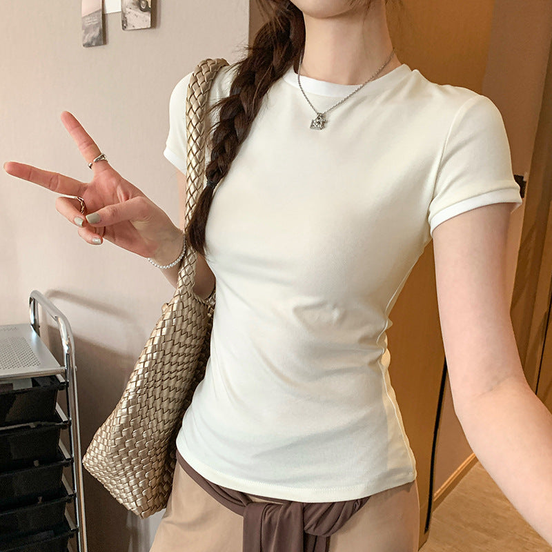Korean Chic Color Contrast Patchwork Shoulder Round Neck Short Sleeve
