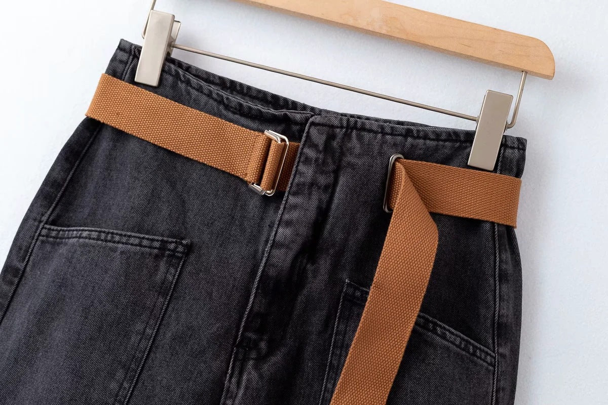 Ladies Polyester Denim Daddy Pants With Belt