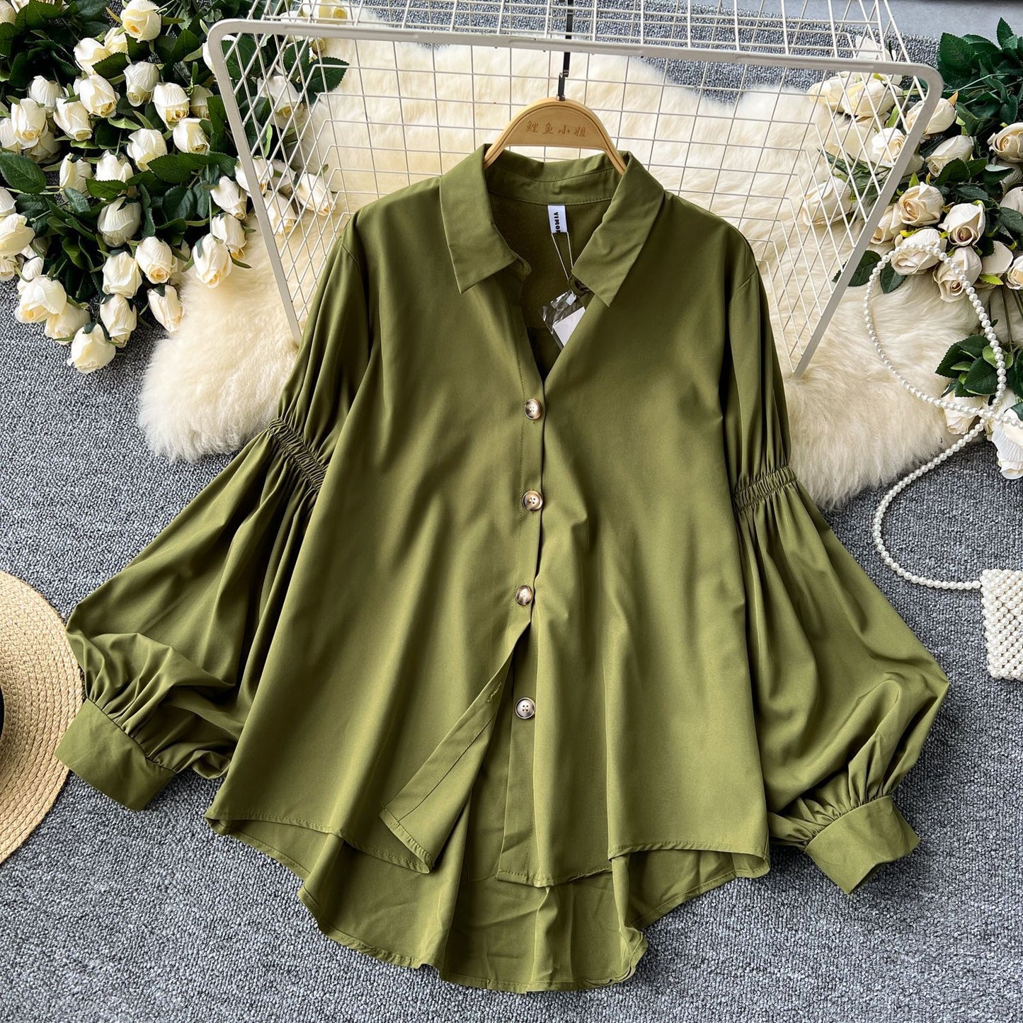 Pleated Lantern-sleeve Single-breasted Loose-fitting Versatile Shirt