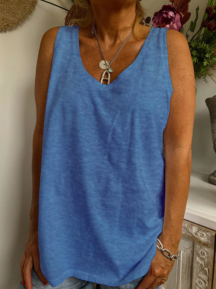 New V-Neck Solid Color Casual Loose Ladies Vest