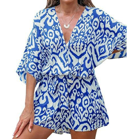 Women's V-neck Printed Lace-up Bat Jumpsuit