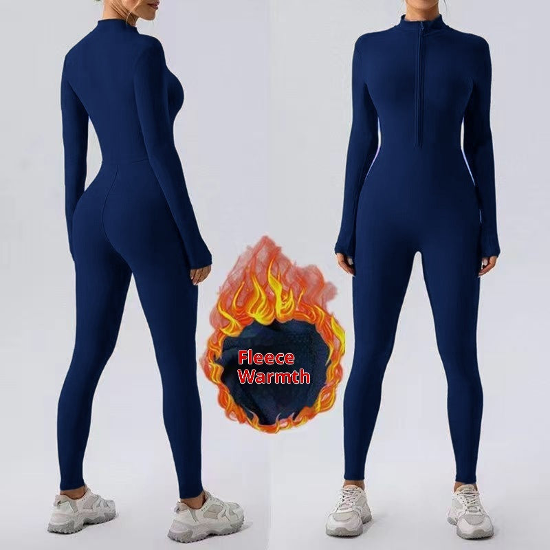 Zipper Nude Feel Close-fitting Fleece Yoga Jumpsuit