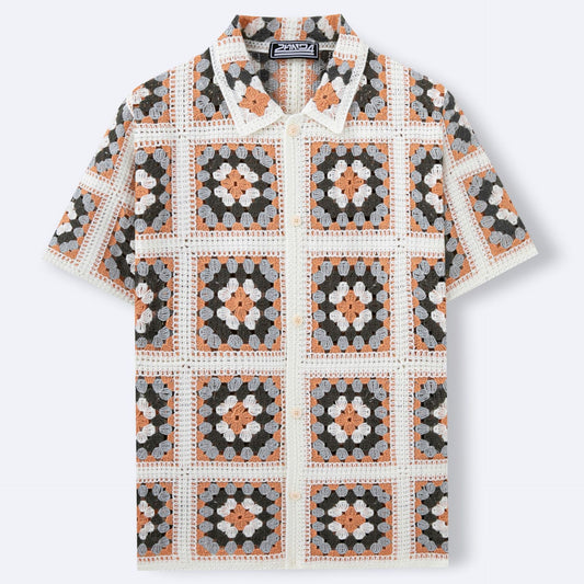 Color-blocked, Openwork, Lapel-neck Short-sleeve Knit Top