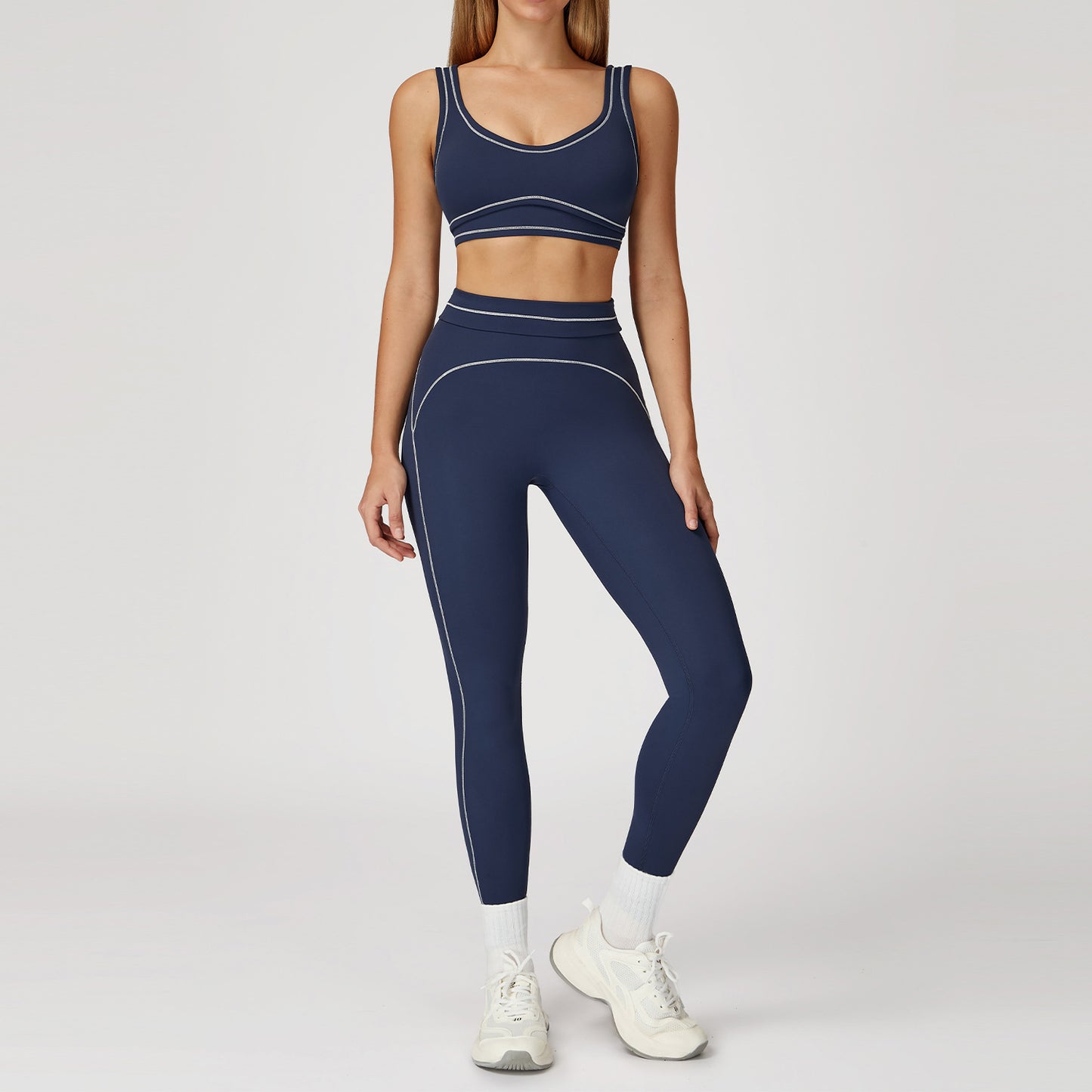 Contrast-color Brushed Yoga Set With Dual Shoulder Straps