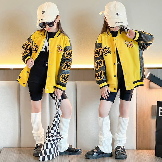 Girls Motorcycle Suit Western Style Stitching Leather Sleeve Jacket