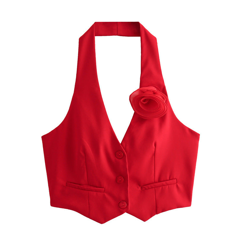Trade Cross-border French Sexy Backless Flower Decoration Waistcoat Vest