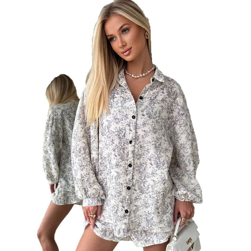 Printed Cotton Sleepwear With A Turn-down Collar, Long Sleeves And Shorts