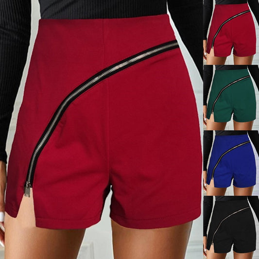 New Casual Women's Pure Color Personality Diagonal Zipper Split Casual Shorts