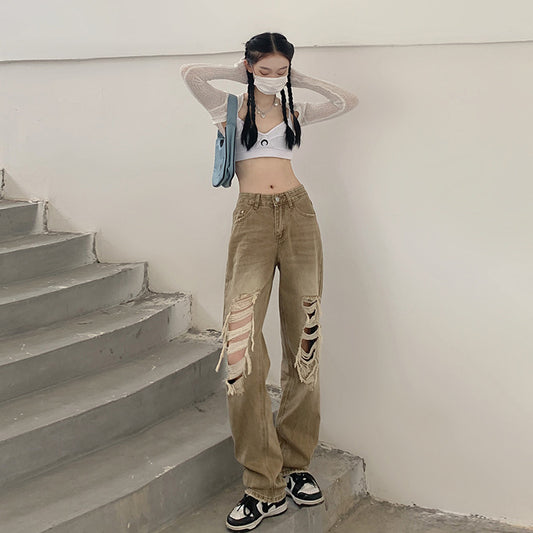 High Waist High Street Denim Retro Casual Straight Trousers